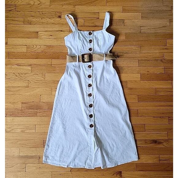 Forever 21 Belted Linen Blend Midi Sun Dress Fit Flare Coastal Summer - Picture 1 of 12